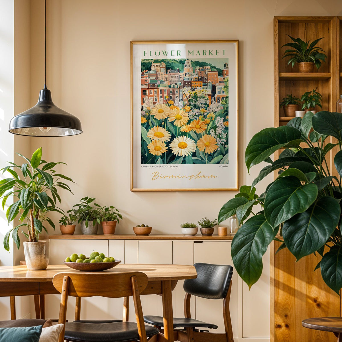 Birmingham flower market print in an oak frame above a dining sideboard lined with potted plants