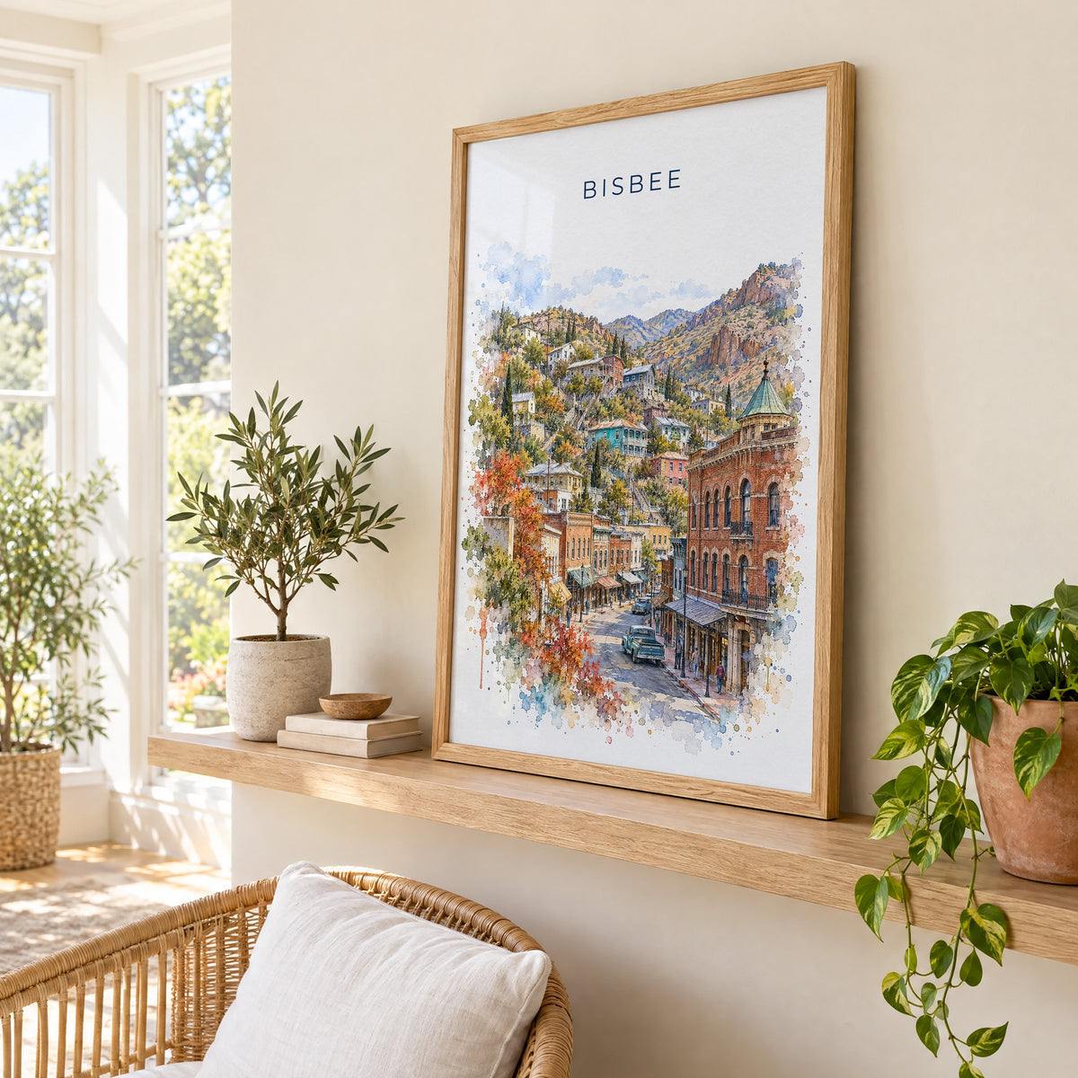 Bisbee watercolor print in an oak frame on a picture ledge in a sunlit sunroom