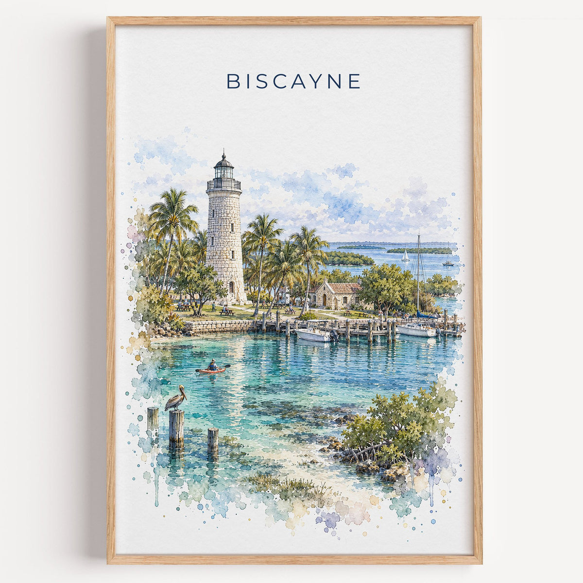 Biscayne National Park watercolor print in a light oak frame on a plain white wall