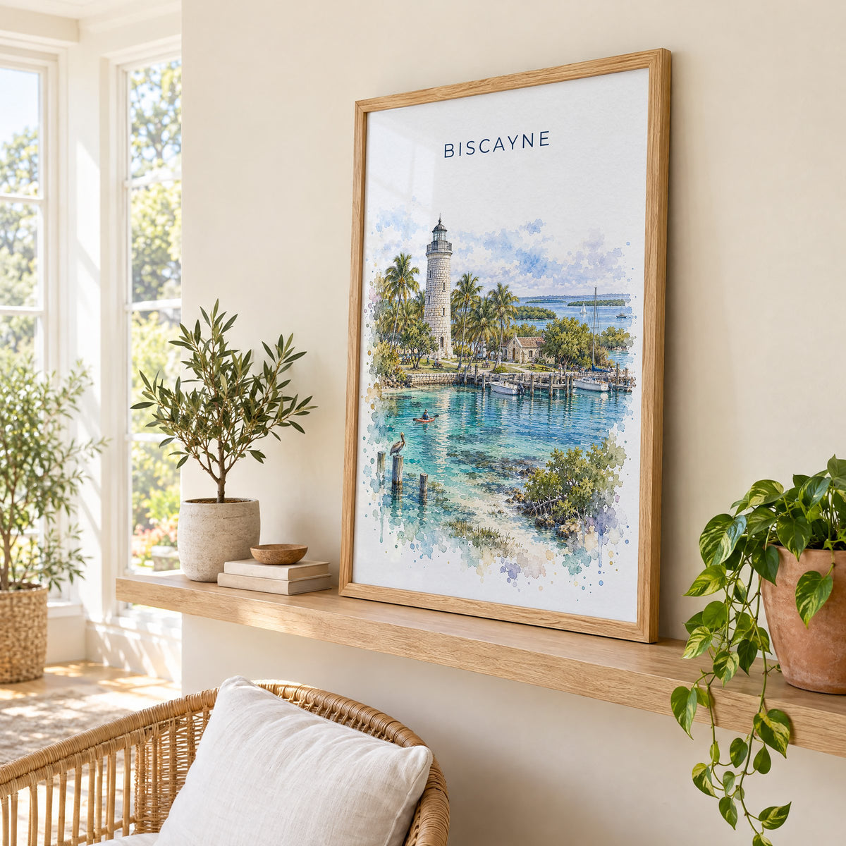 Biscayne National Park watercolor print in an oak frame on a picture ledge in a sunlit sunroom