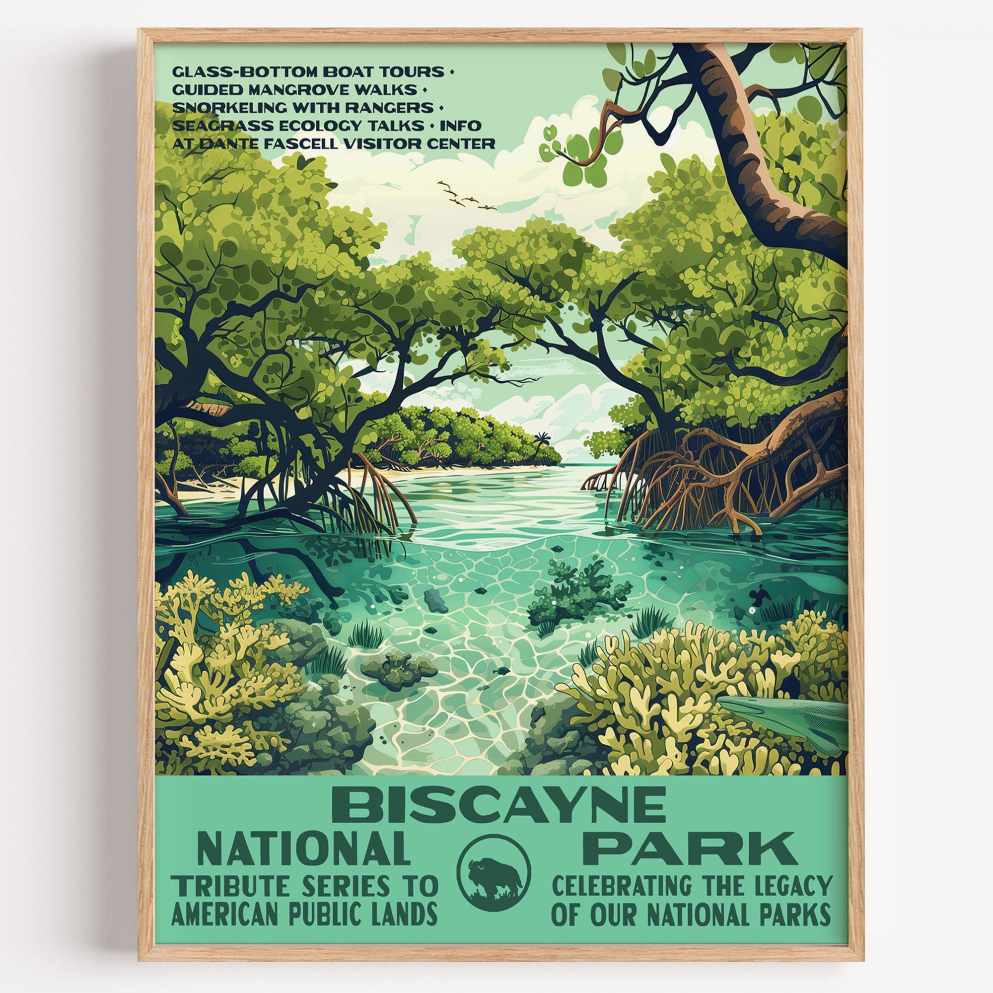 Biscayne National Park wall art print in a thin wood frame, mangrove roots reaching over clear turquoise shallows