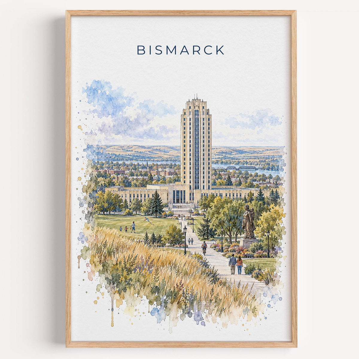 Bismarck watercolor print in a light oak frame on a plain white wall