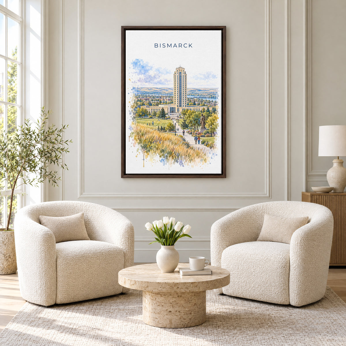 Bismarck watercolor print as an espresso floater canvas above two boucle armchairs in a hotel lounge