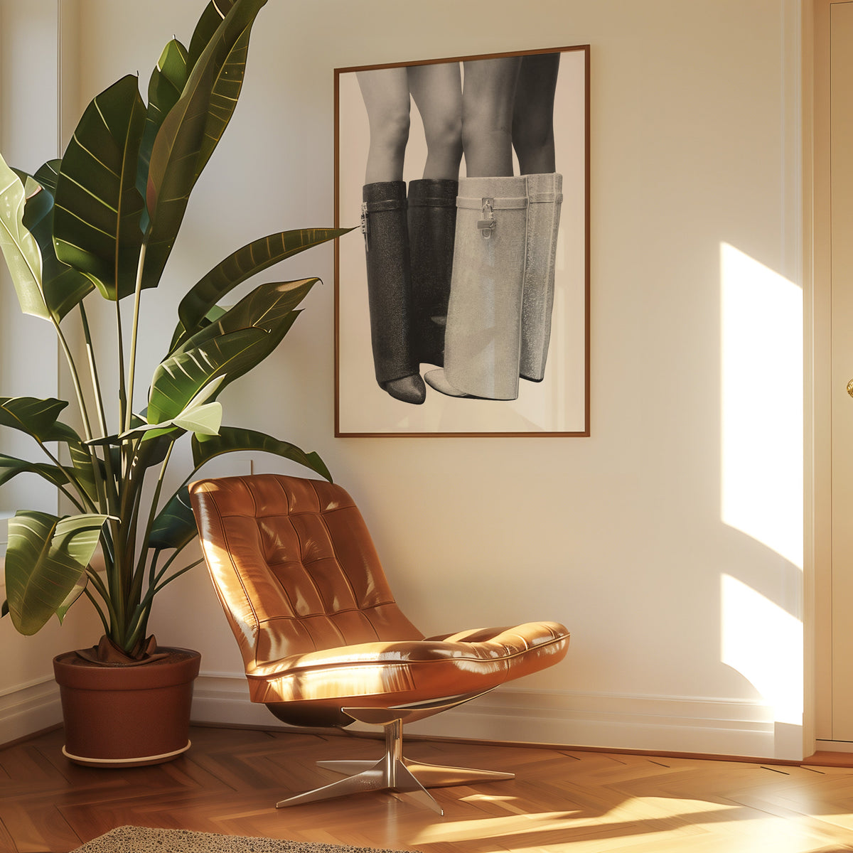 Black and silver crystal knee-high boots print in a walnut frame above a leather lounge chair