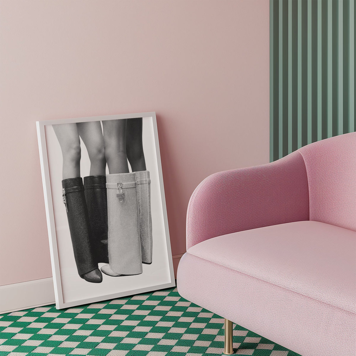 Black and silver crystal knee-high boots print in a white frame beside a pink armchair on a checkered floor