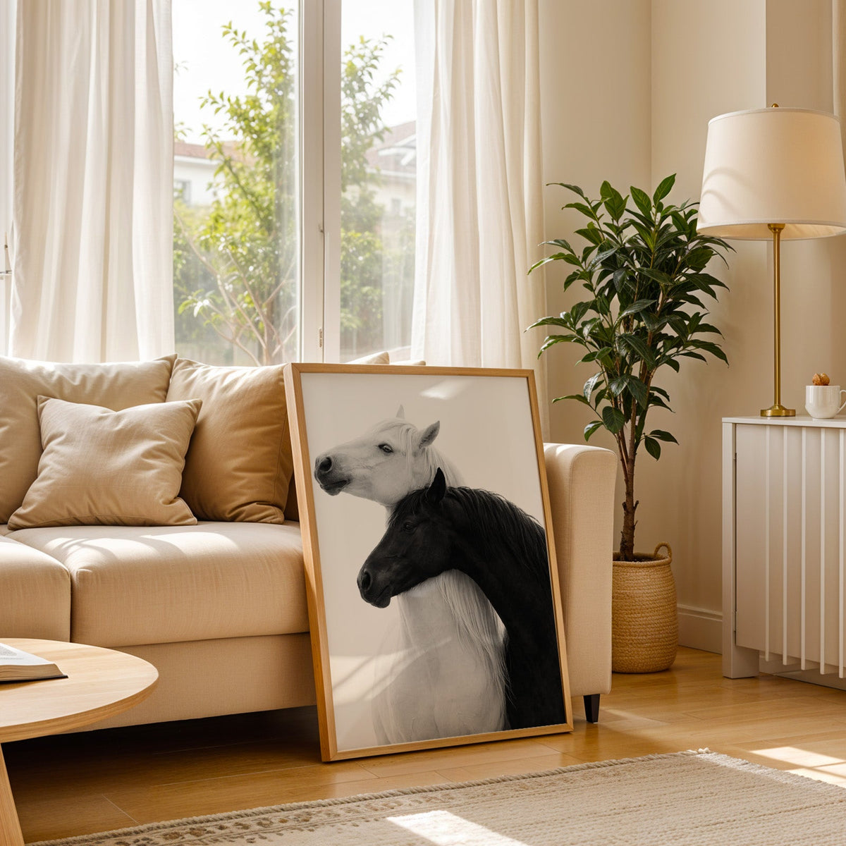 White horse and black horse necks crossed print in a light oak frame leaning on a cream sofa beside a floor lamp