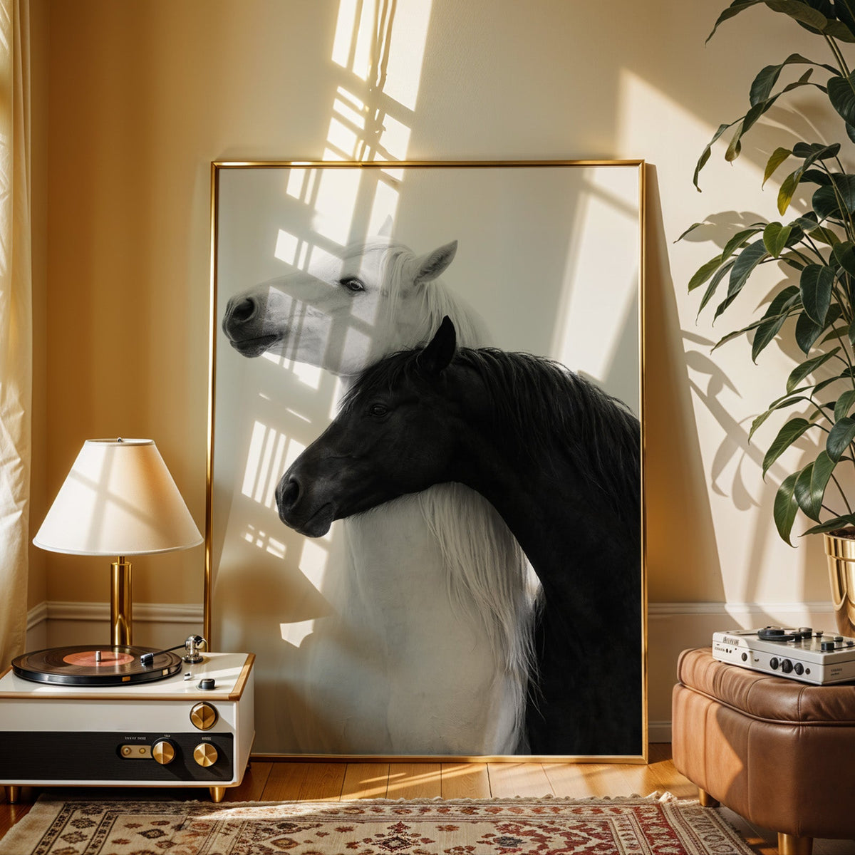 White horse and black horse necks crossed print shown in a gold frame beside a record player and table lamp
