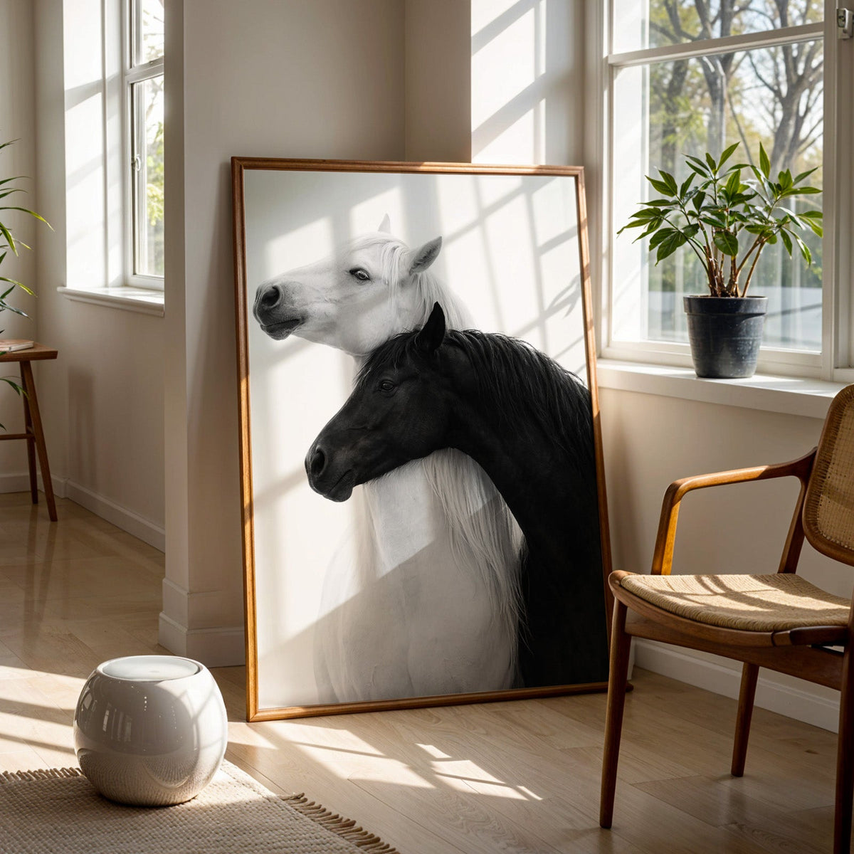 White horse and black horse necks crossed print in a walnut frame on a wood floor beside a cane chair and sunny window