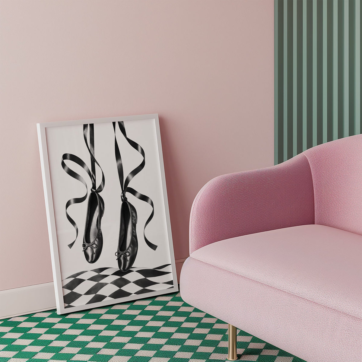 Black ballet flats on ribbons over checkerboard print in a white frame beside a pink armchair on a checkered floor