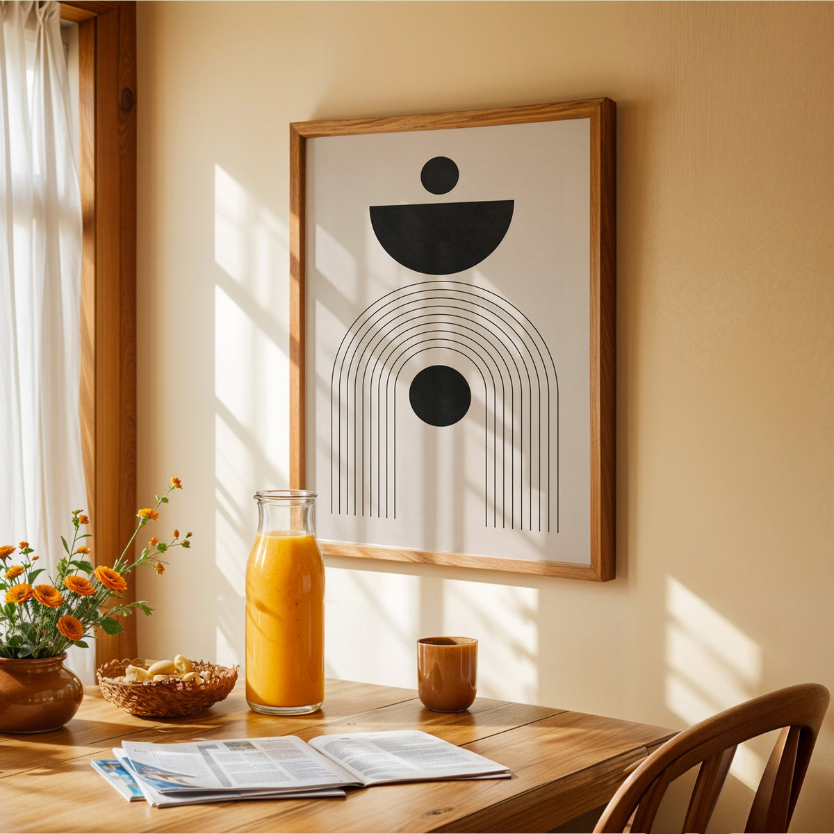 Black bowl and circle totem mid century print in a walnut frame above a sunny breakfast table with orange flowers