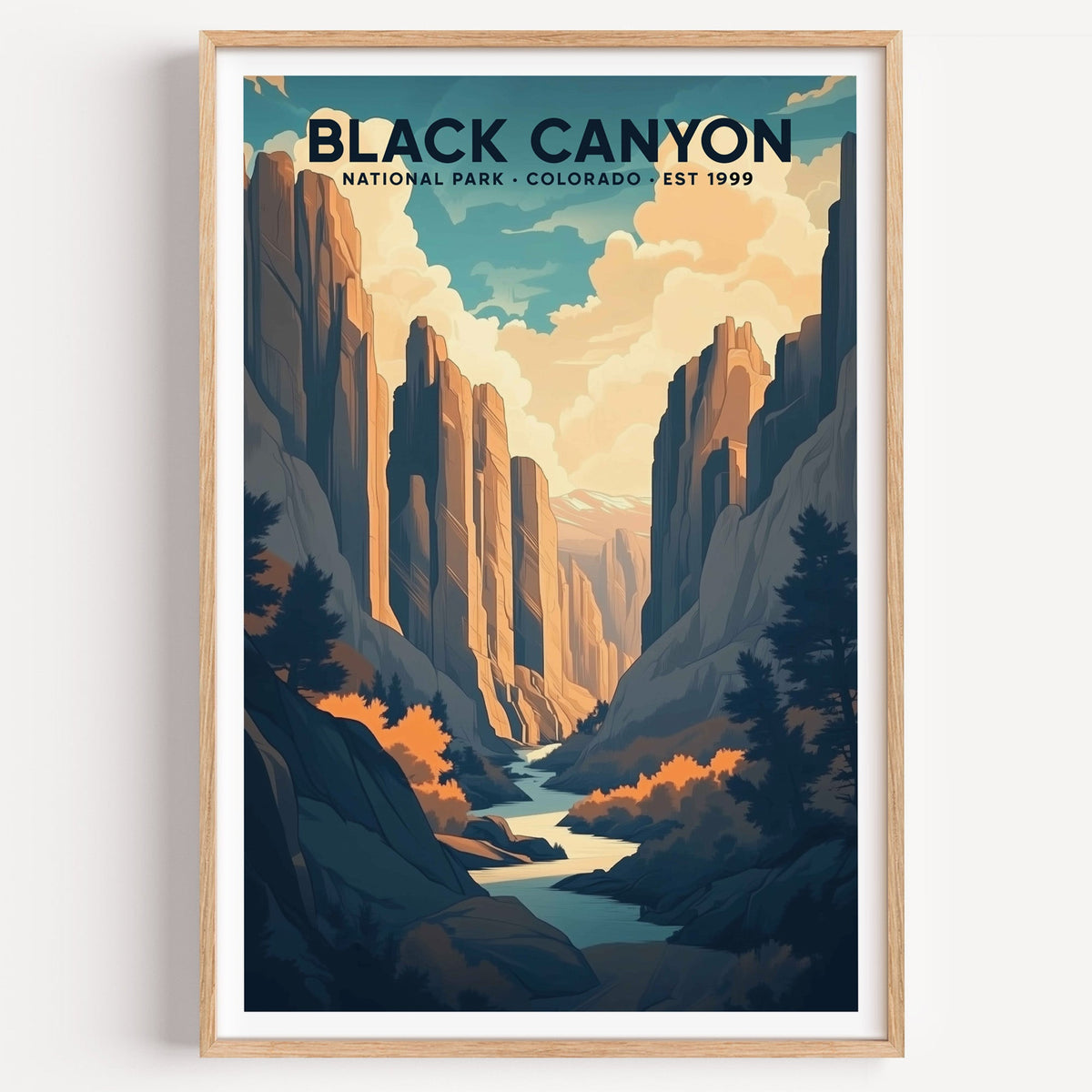 Black Canyon of the Gunnison illustrated print: sheer grey walls above the river, in an oak frame
