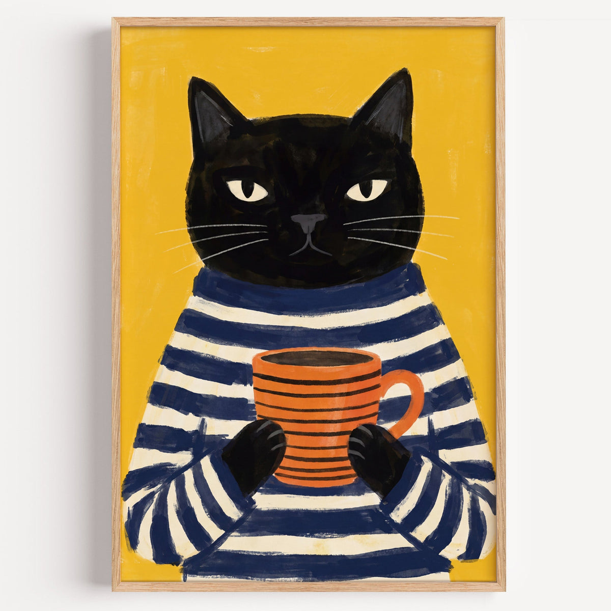 Black cat coffee mug print in a light oak frame on a plain white wall
