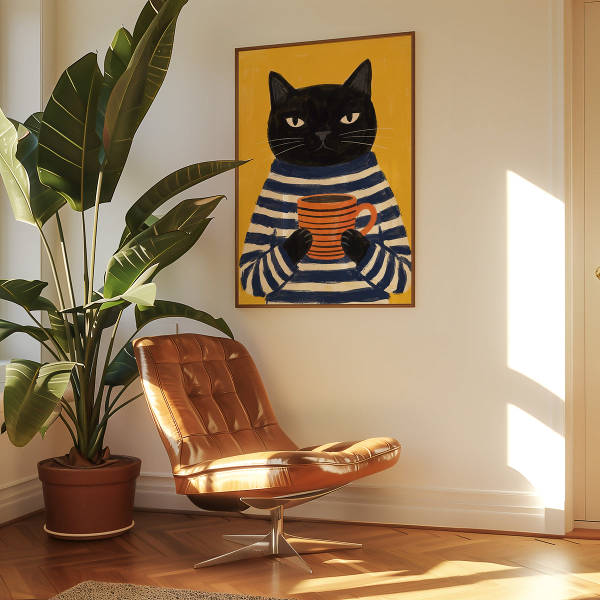 Cat in striped shirt print in a slim walnut frame above a tan leather lounge chair
