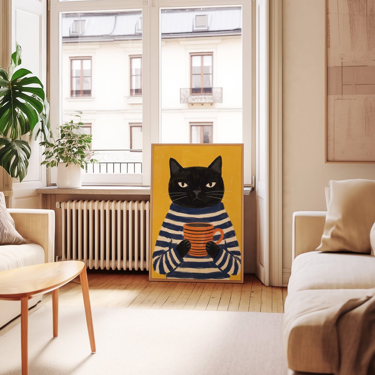 Grumpy cat with coffee print in an oak frame leaning below tall French windows