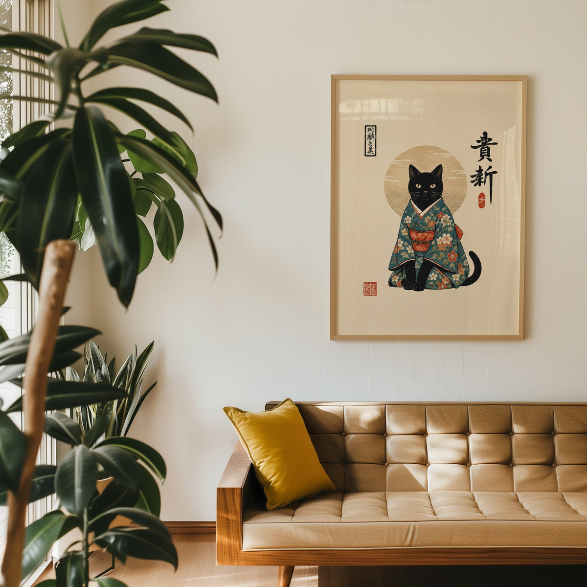 Black cat in floral kimono poster in an oak frame above a tan tufted leather sofa with a mustard cushion