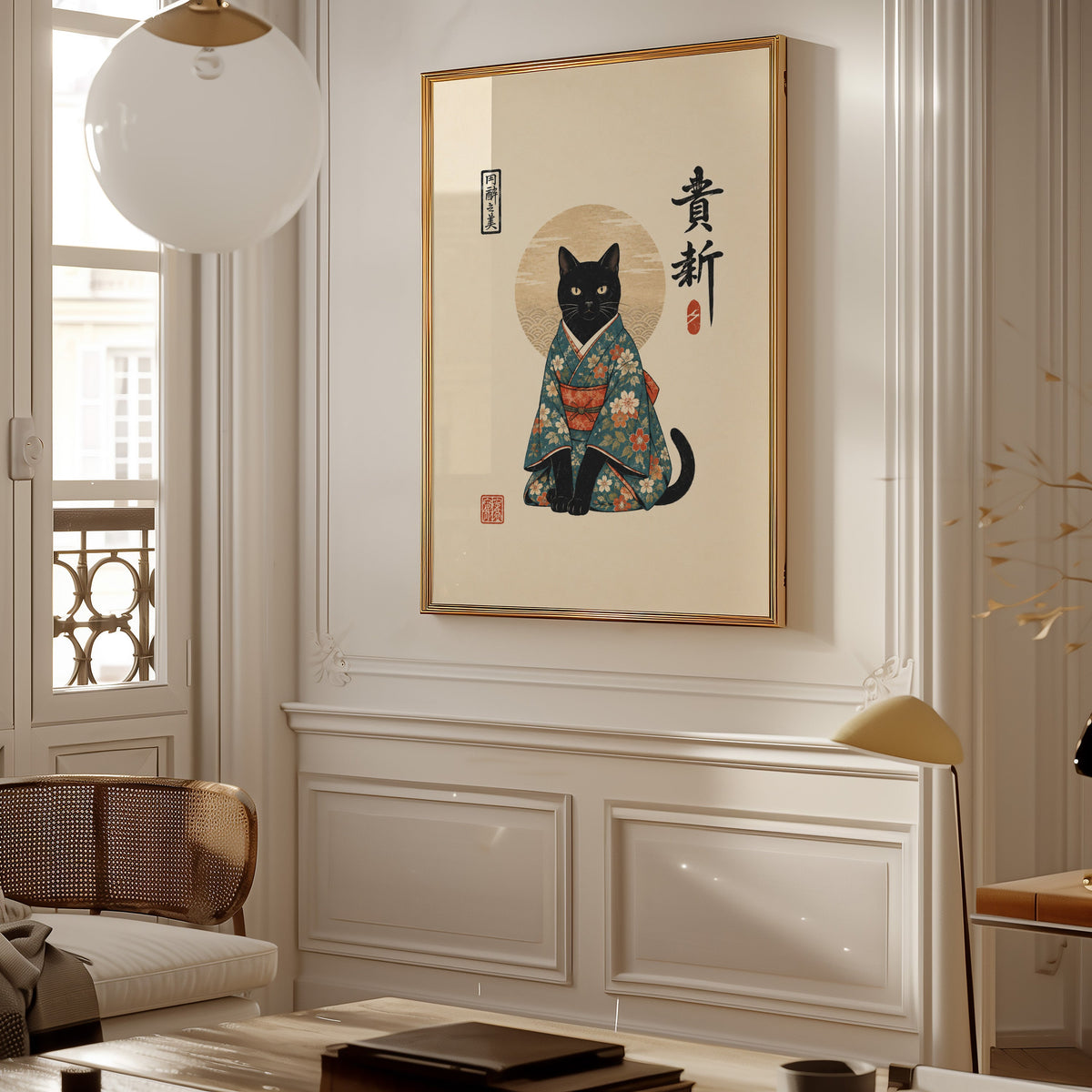 Black cat in floral kimono poster shown in a gold frame on a paneled wall in a Parisian-style living room