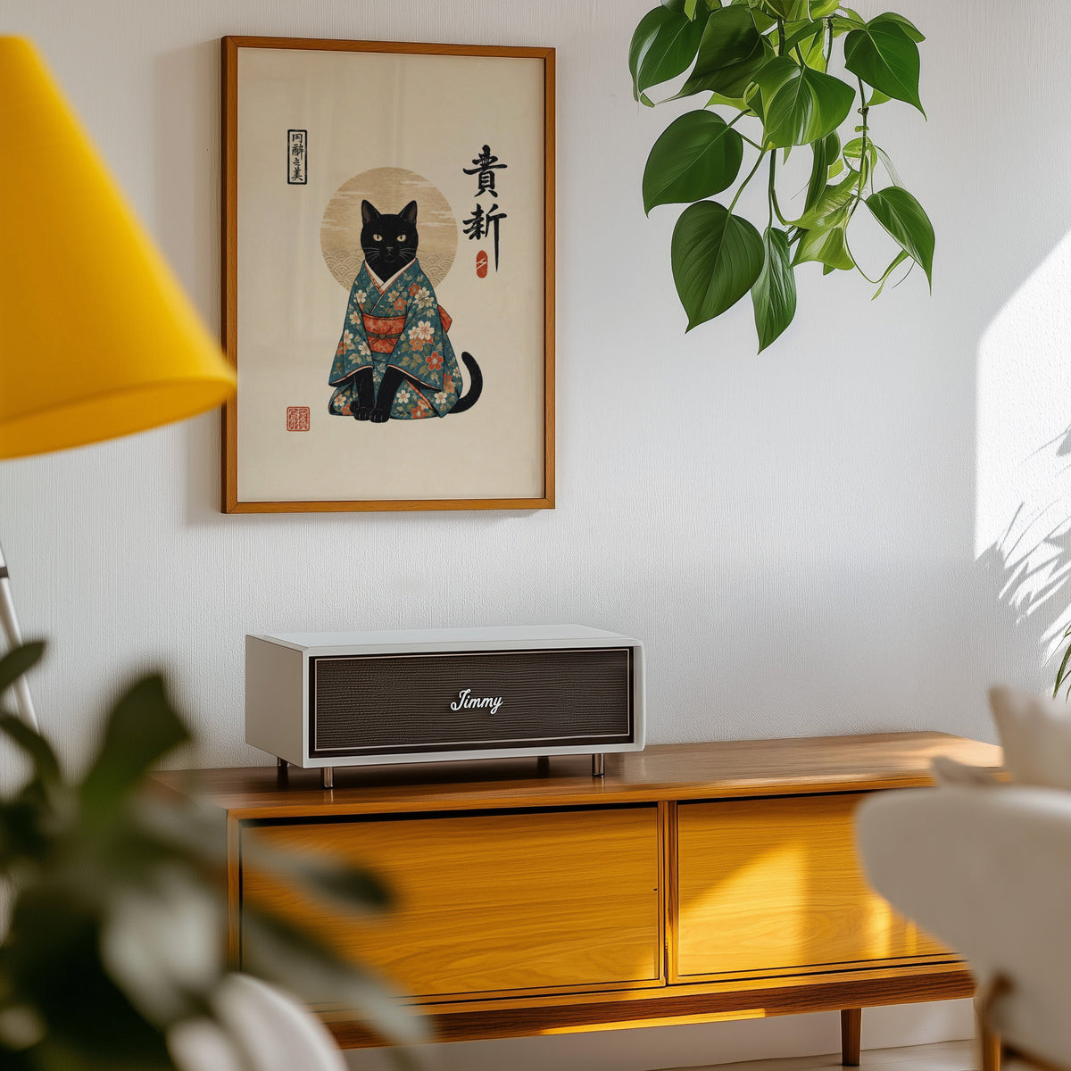 Black cat in floral kimono poster in an oak frame above a teak mid-century sideboard with trailing pothos
