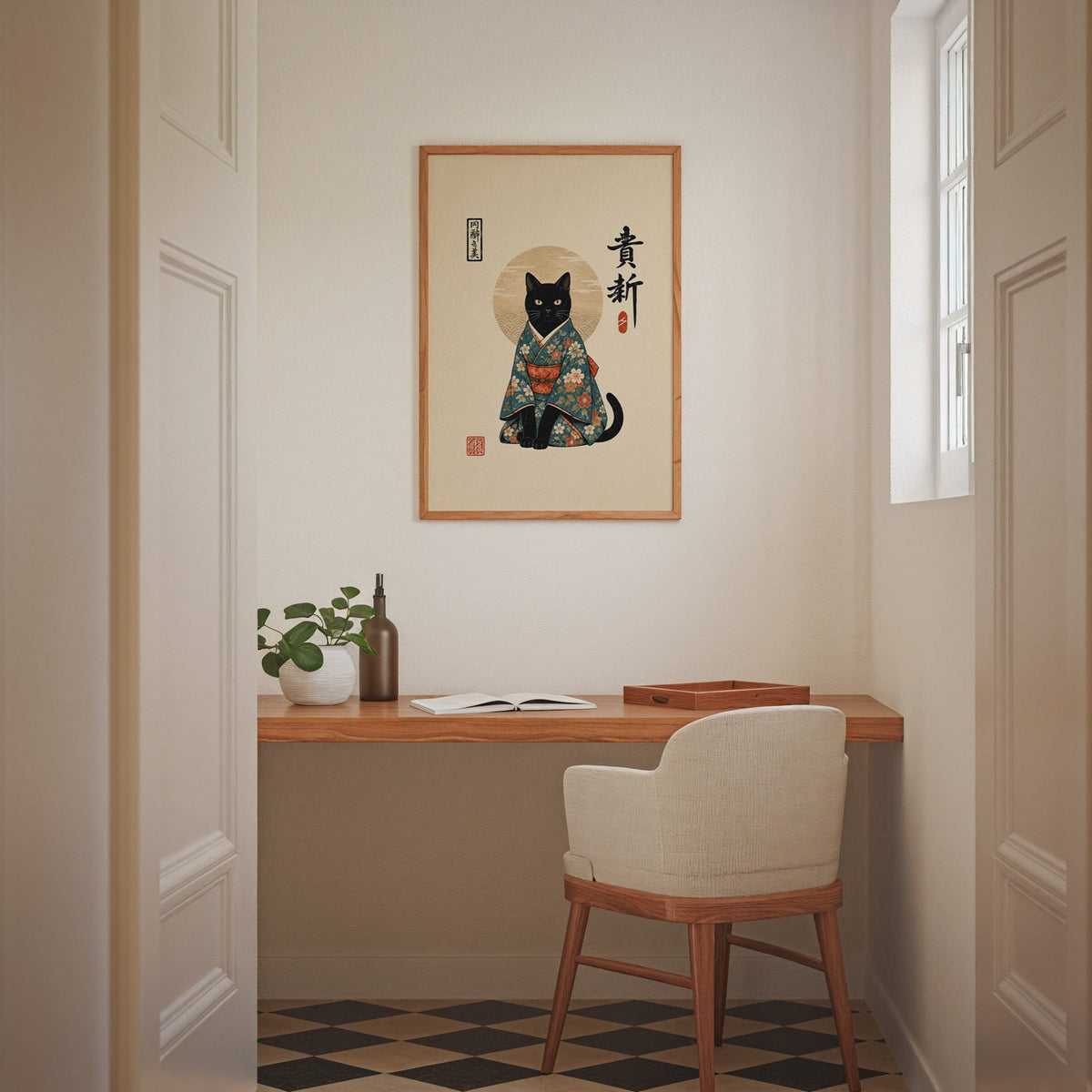 Black cat in floral kimono poster in an oak frame above a wall-mounted desk in a home office nook