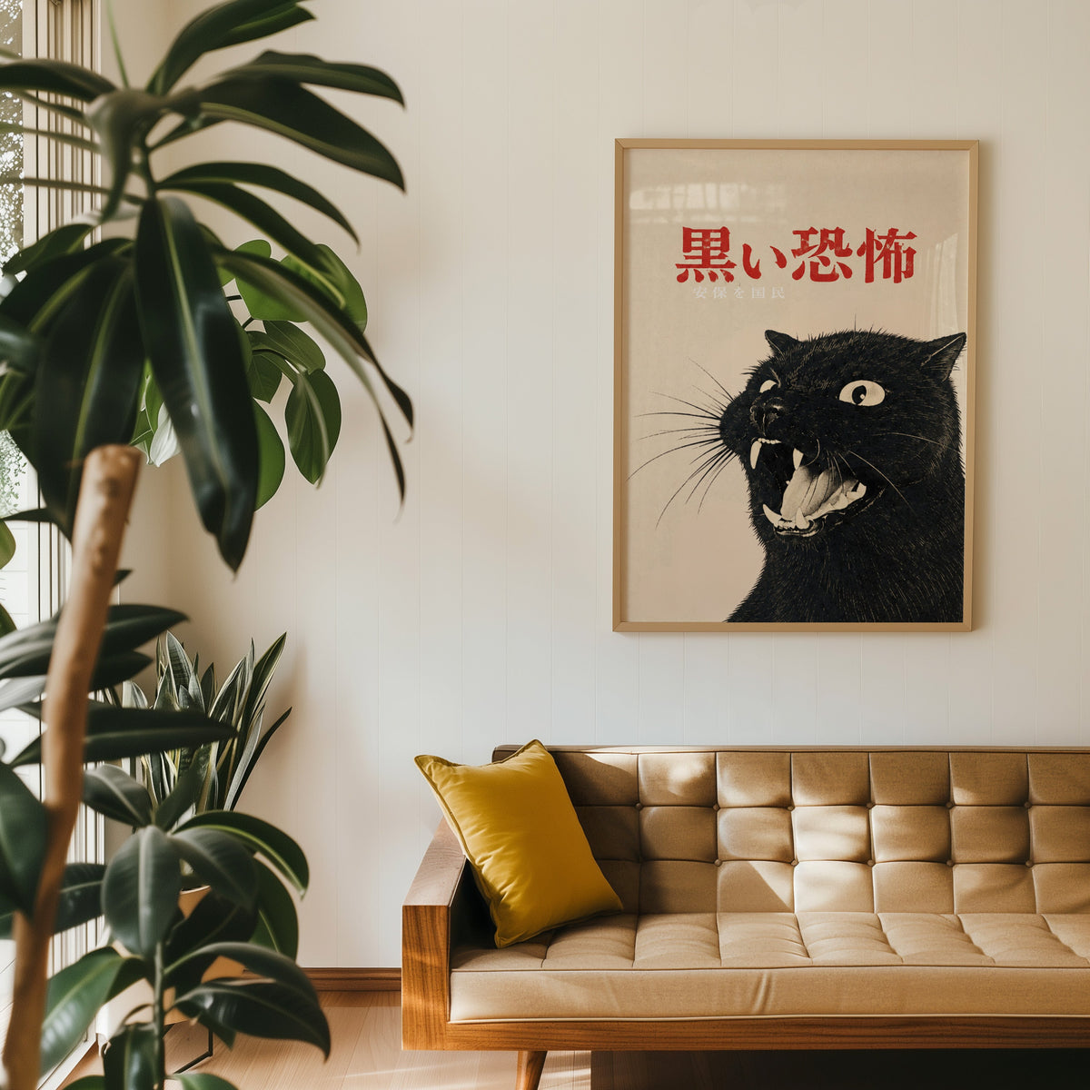 Hissing black cat kanji poster in an oak frame above a tan tufted leather sofa with a mustard cushion