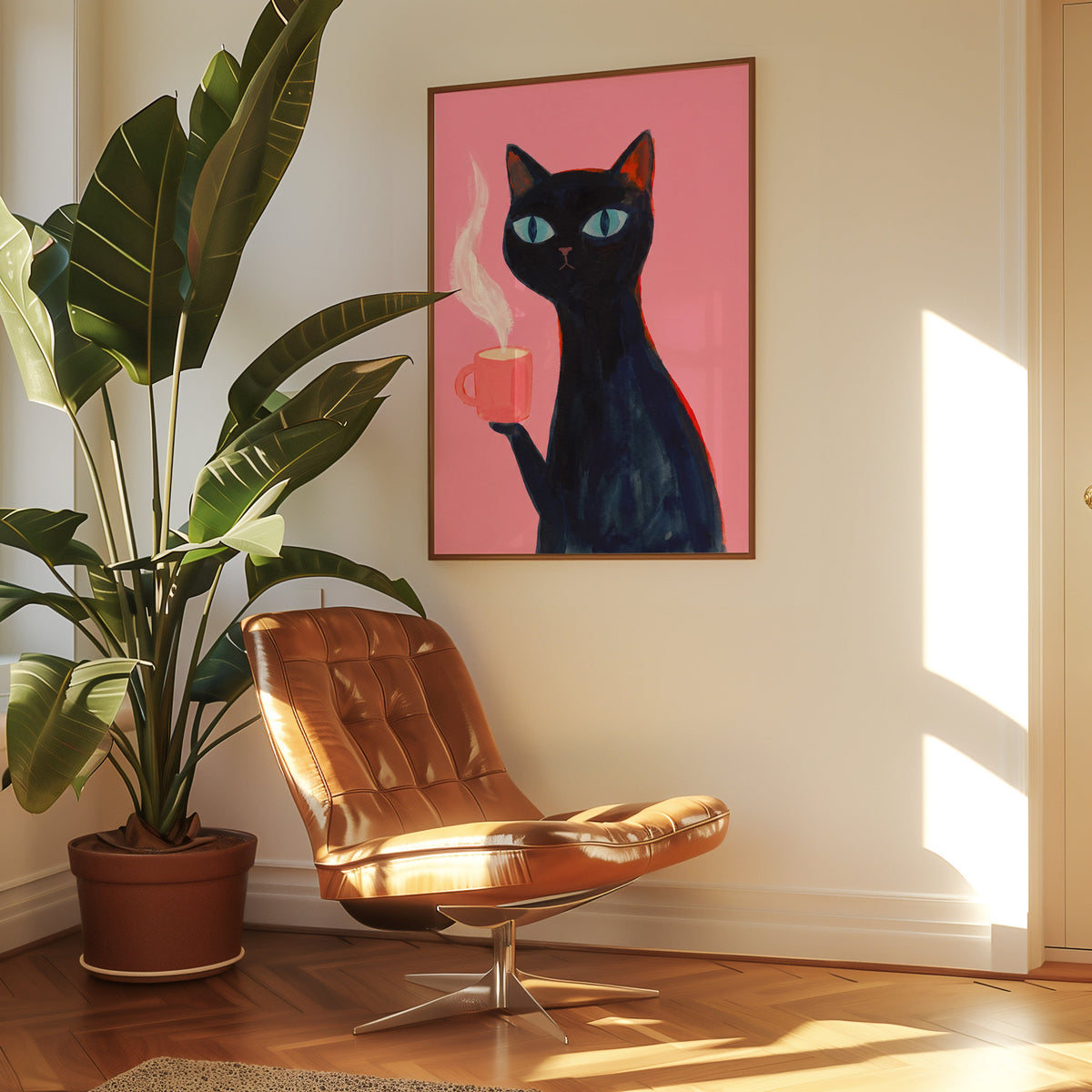 Cat holding coffee print in a slim walnut frame above a tan leather lounge chair