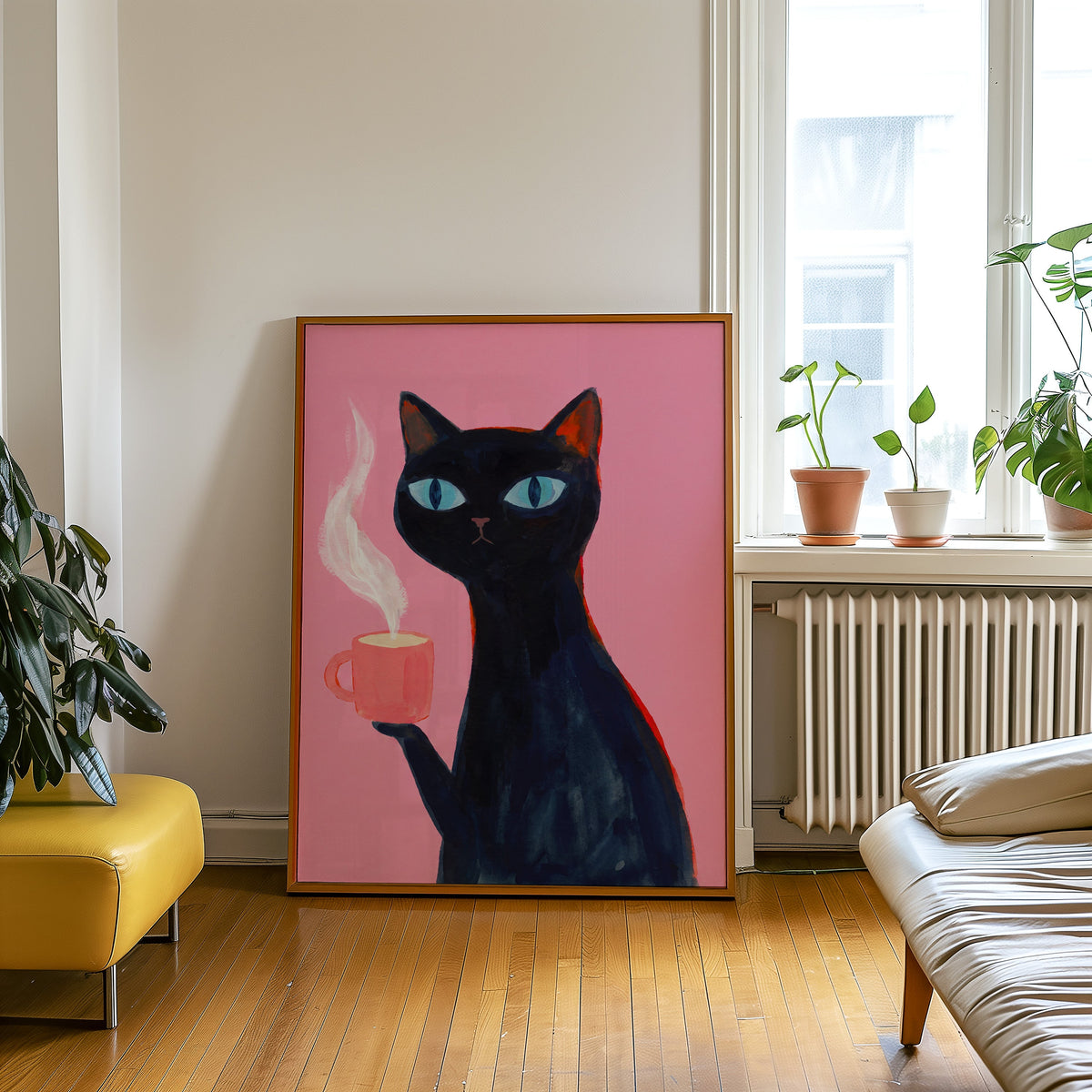 Steaming mug cat print in an oak frame leaning beside a yellow leather bench