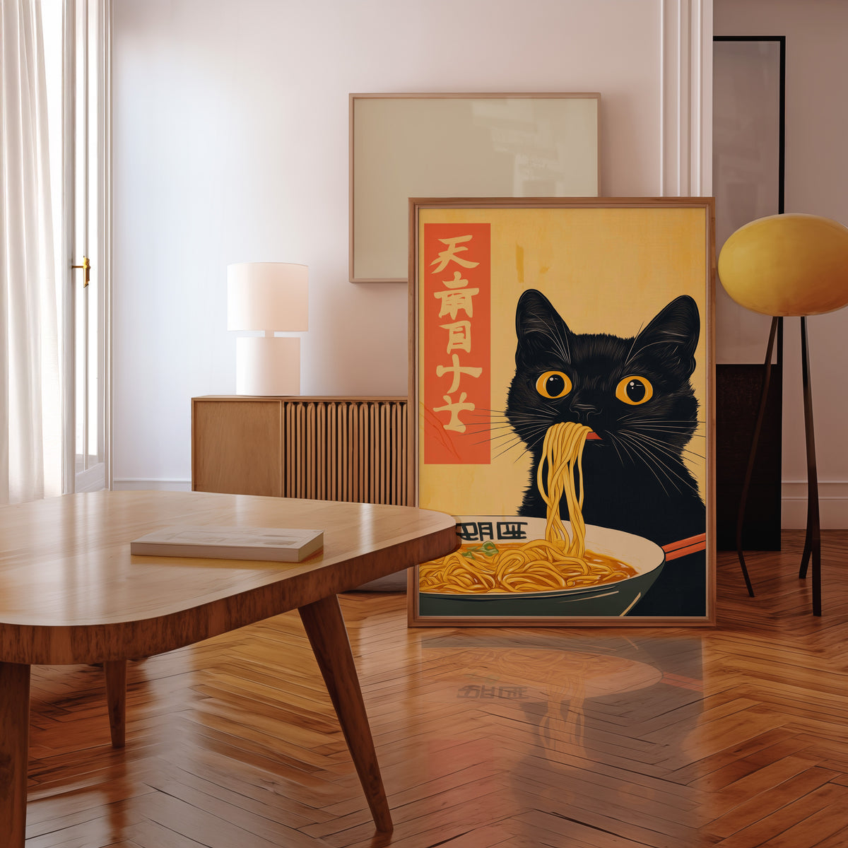 Black cat slurping ramen print in a walnut frame leaning in a mid-century living room
