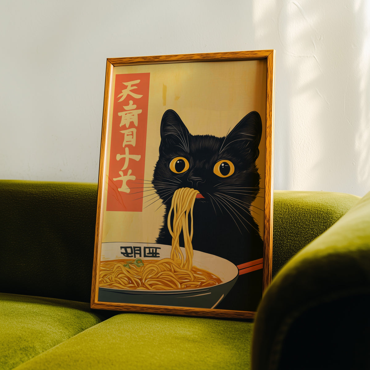 Black cat slurping ramen print in an oak frame propped on a green velvet sofa