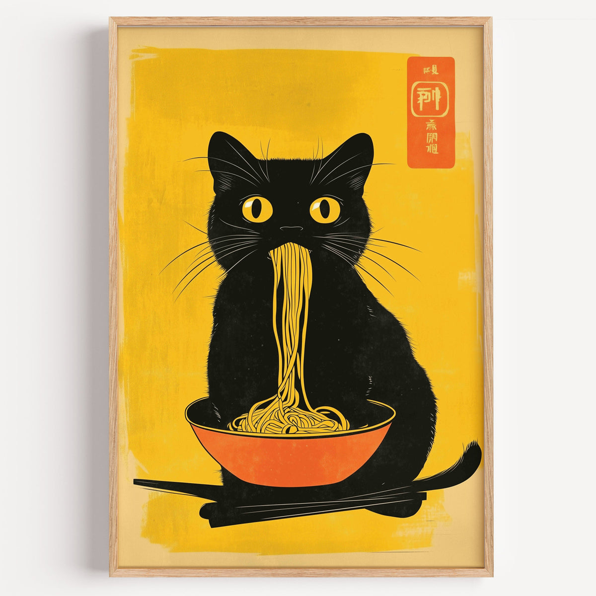 Black cat noodles orange bowl print in a light oak frame on a plain white wall