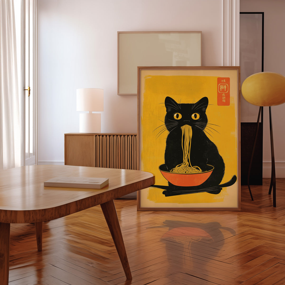 Black cat noodles orange bowl print in a walnut frame leaning in a mid-century living room