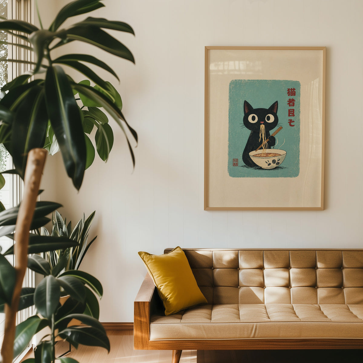 Black cat ramen teal poster in an oak frame above a tan tufted leather sofa with a mustard cushion