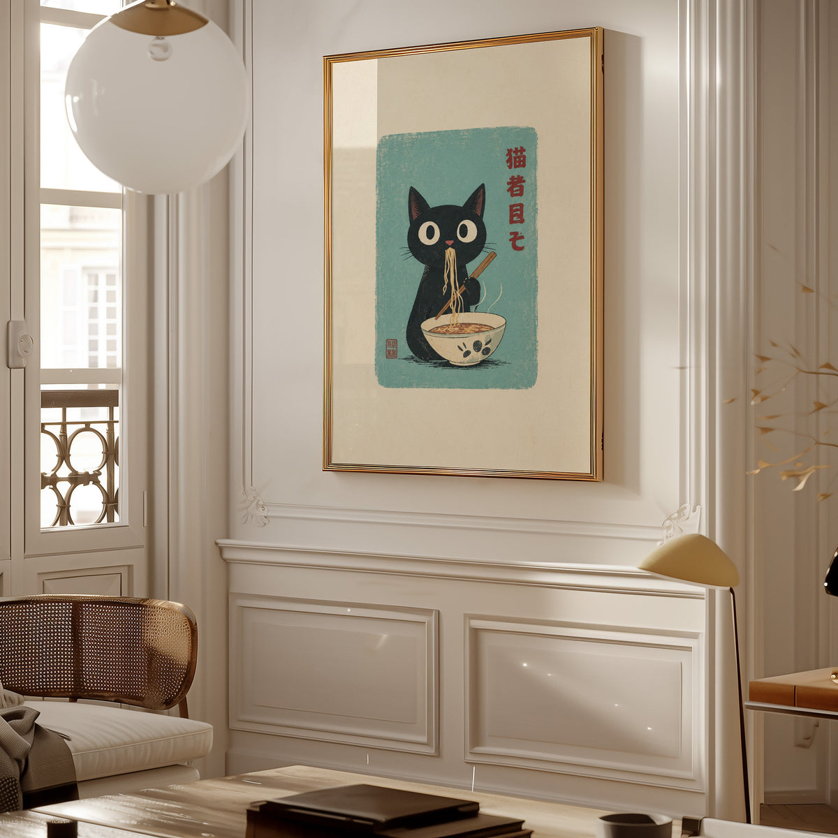 Black cat ramen teal poster shown in a gold frame on a paneled wall in a Parisian-style living room