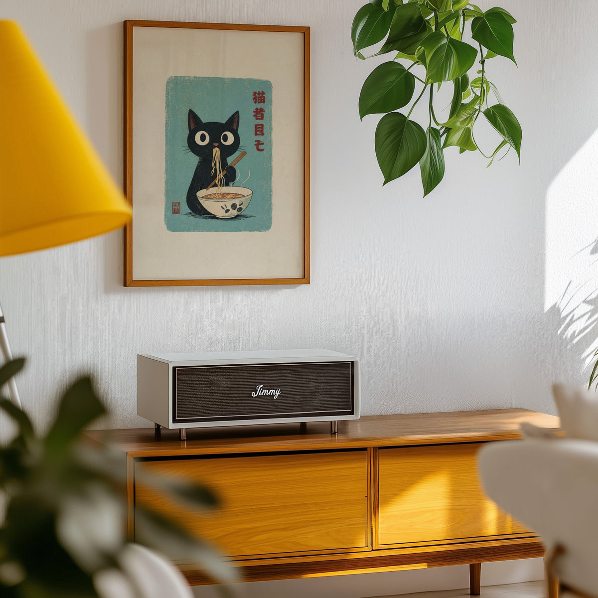 Black cat ramen teal poster in an oak frame above a teak mid-century sideboard with trailing pothos