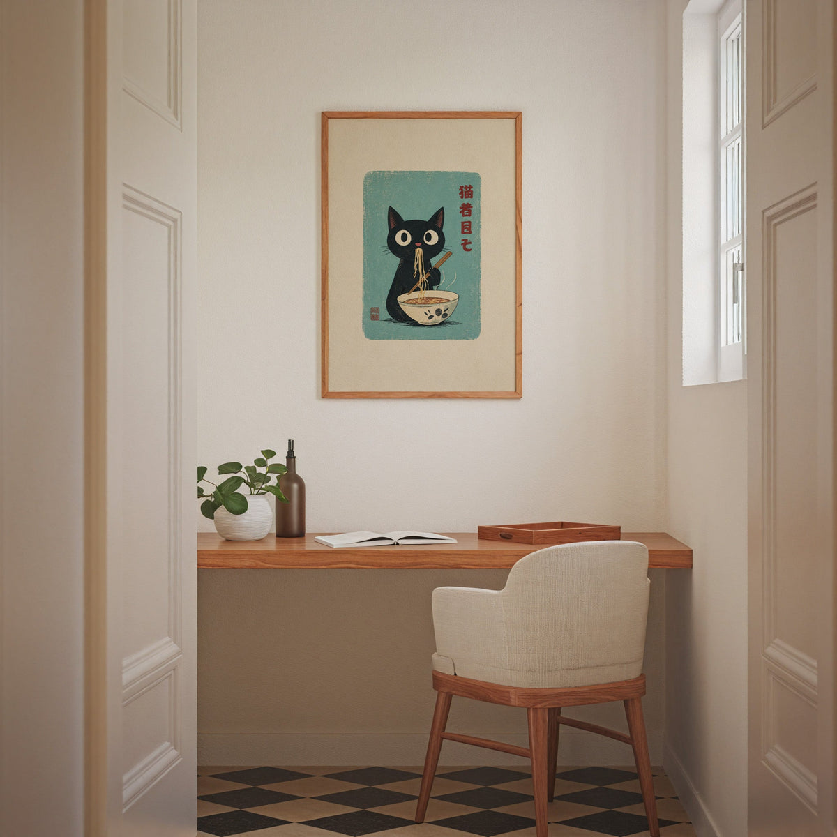 Black cat ramen teal poster in an oak frame above a wall-mounted desk in a home office nook