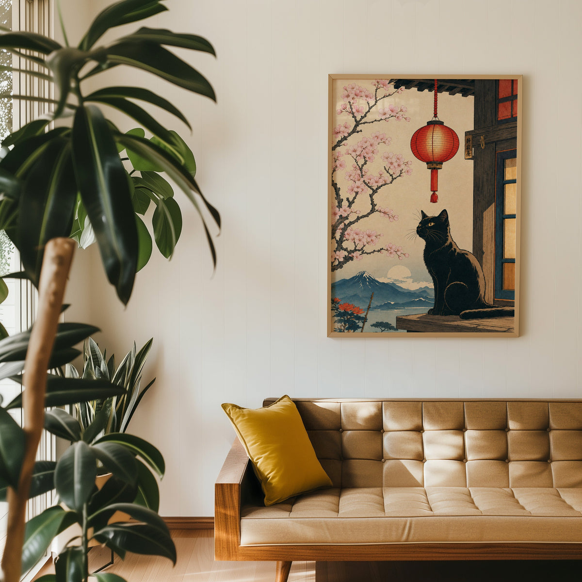 Black cat and red lantern poster in an oak frame above a tan tufted leather sofa with a mustard cushion