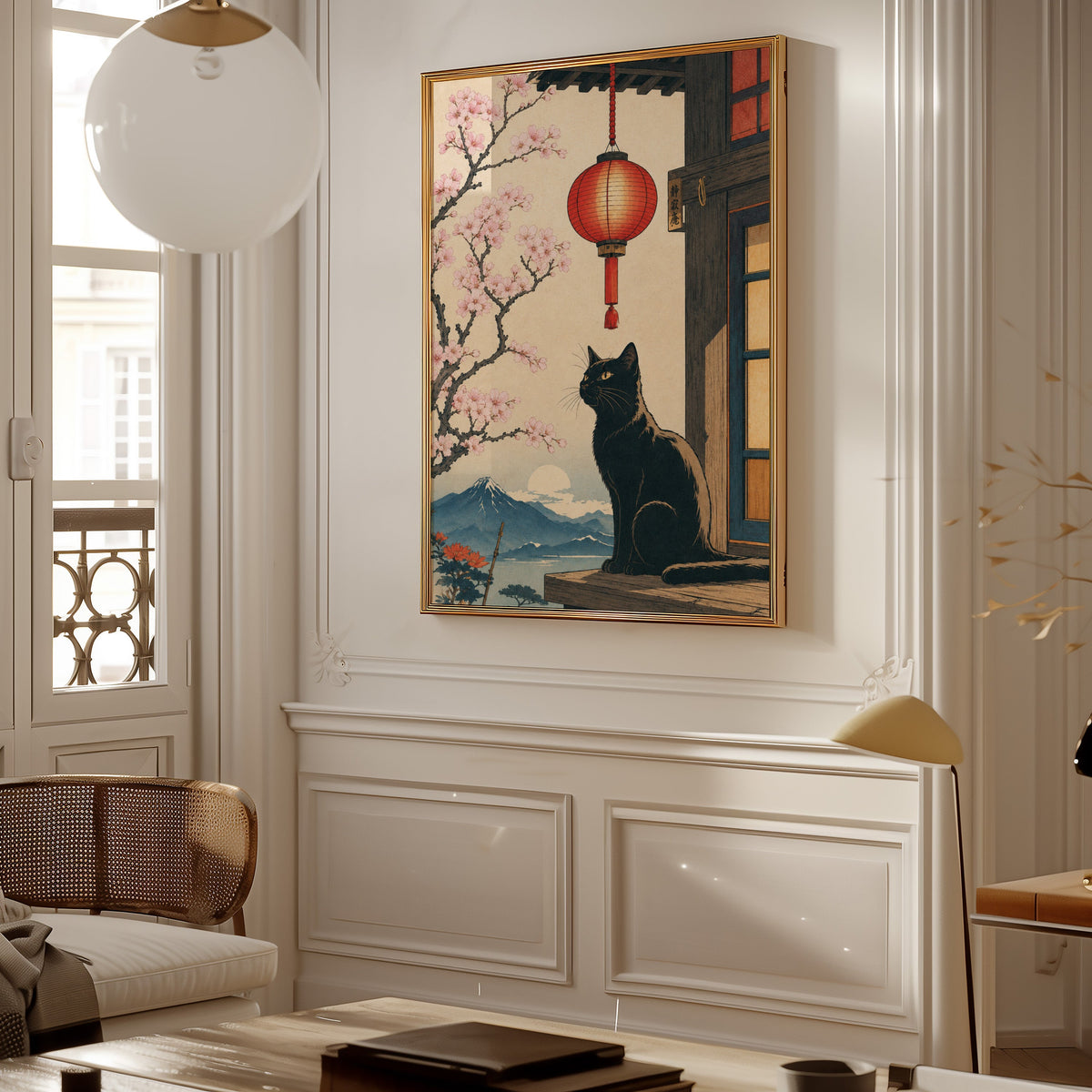 Black cat and red lantern poster shown in a gold frame on a paneled wall in a Parisian-style living room
