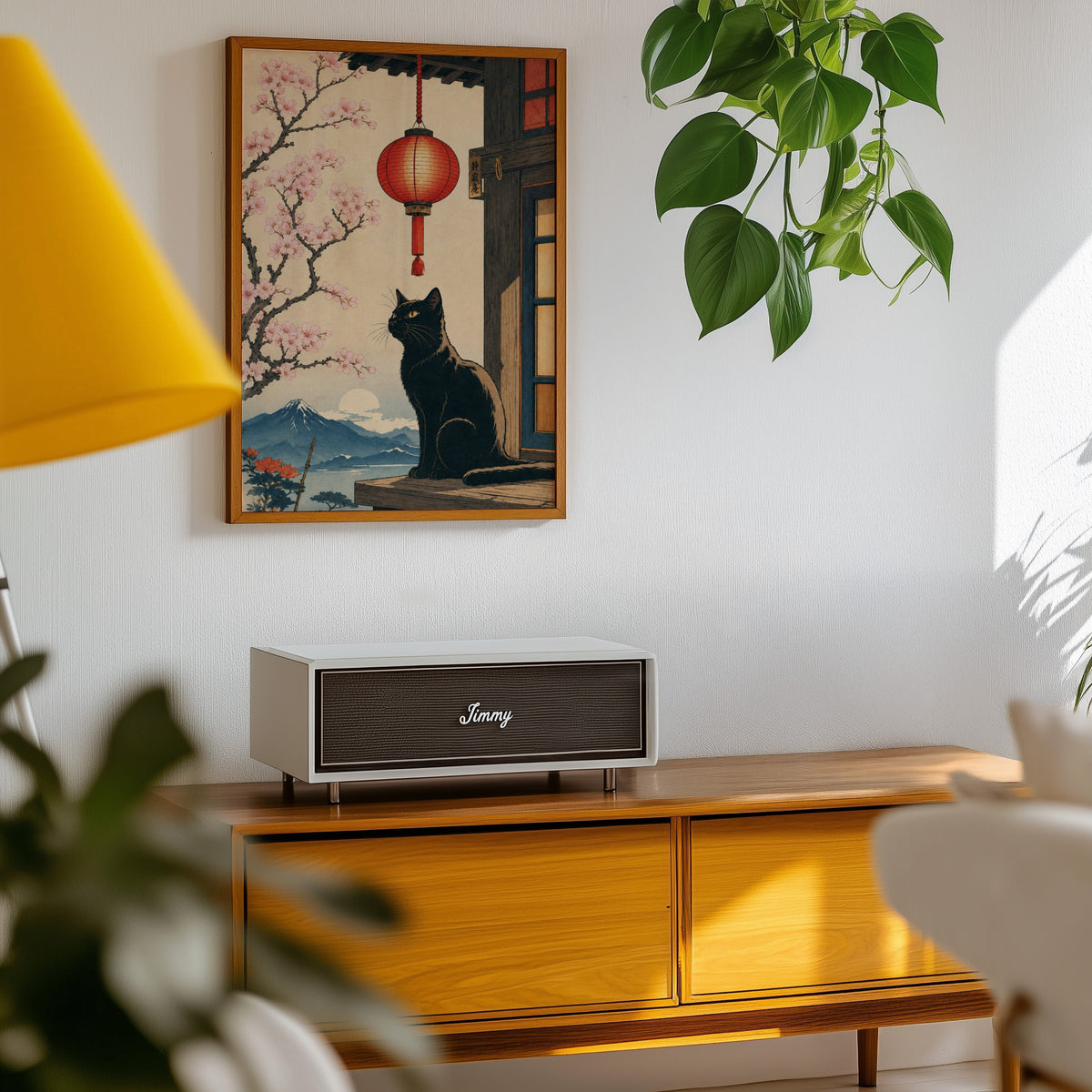 Black cat and red lantern poster in an oak frame above a teak mid-century sideboard with trailing pothos