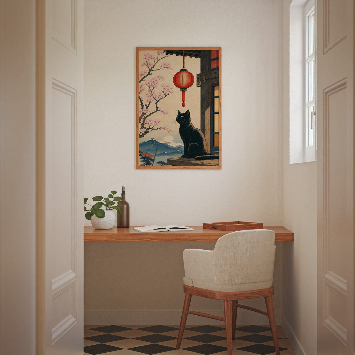Black cat and red lantern poster in an oak frame above a wall-mounted desk in a home office nook