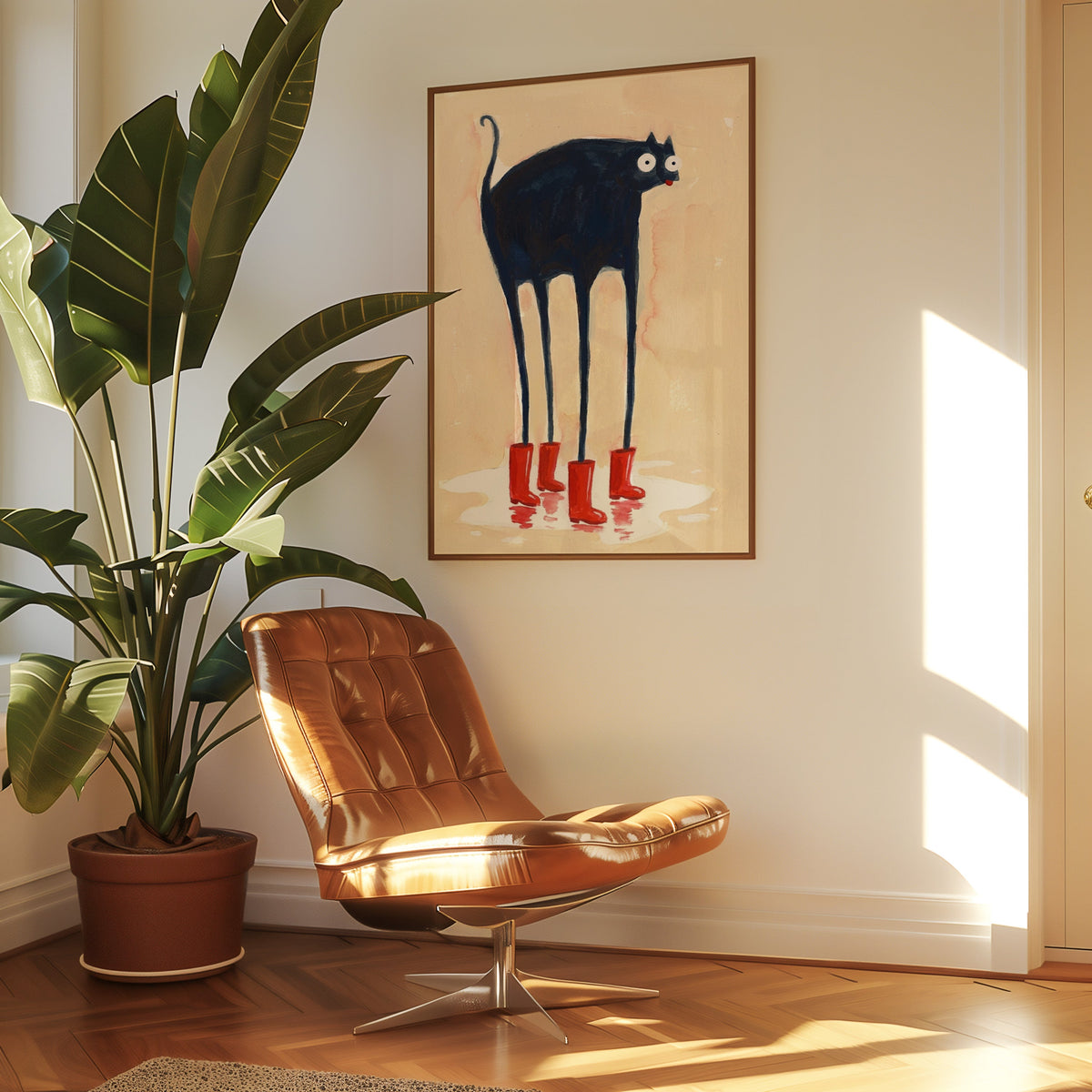 Funny cat in boots print in a slim walnut frame above a tan leather lounge chair