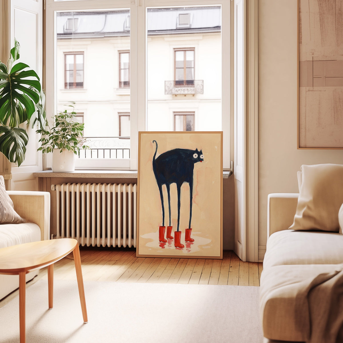 Googly-eyed cat print in an oak frame leaning below tall French windows