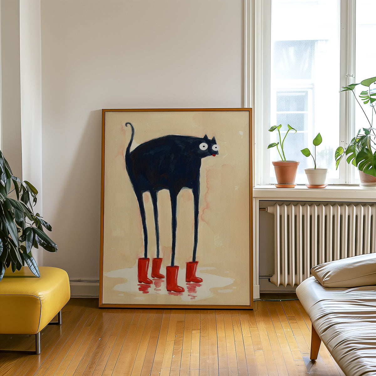Rainy day black cat print in an oak frame leaning beside a yellow leather bench