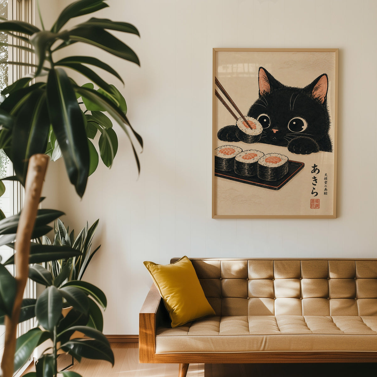 Black cat salmon sushi poster in an oak frame above a tan tufted leather sofa with a mustard cushion