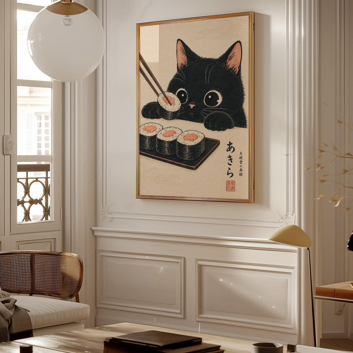 Black cat salmon sushi poster shown in a gold frame on a paneled wall in a Parisian-style living room