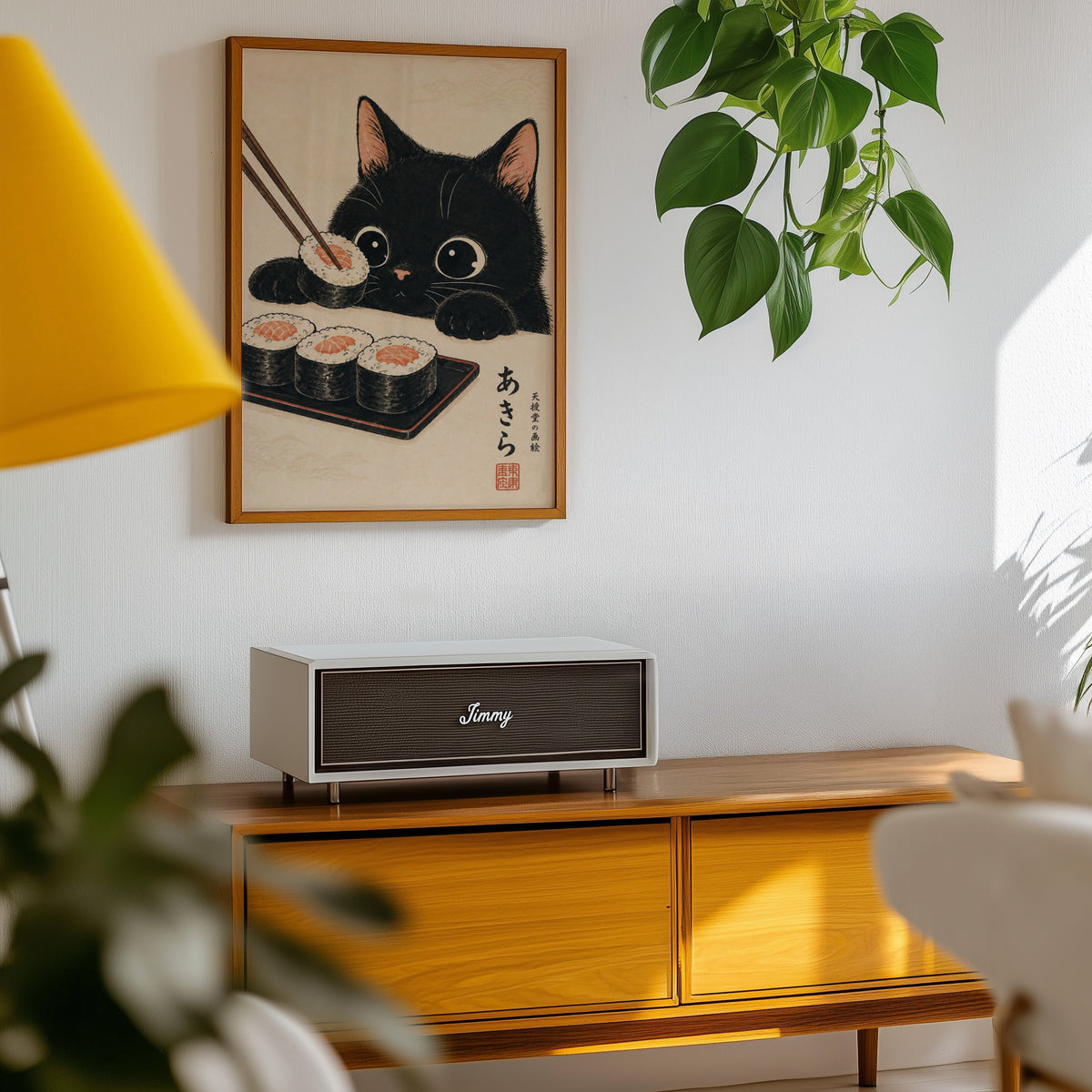 Black cat salmon sushi poster in an oak frame above a teak mid-century sideboard with trailing pothos