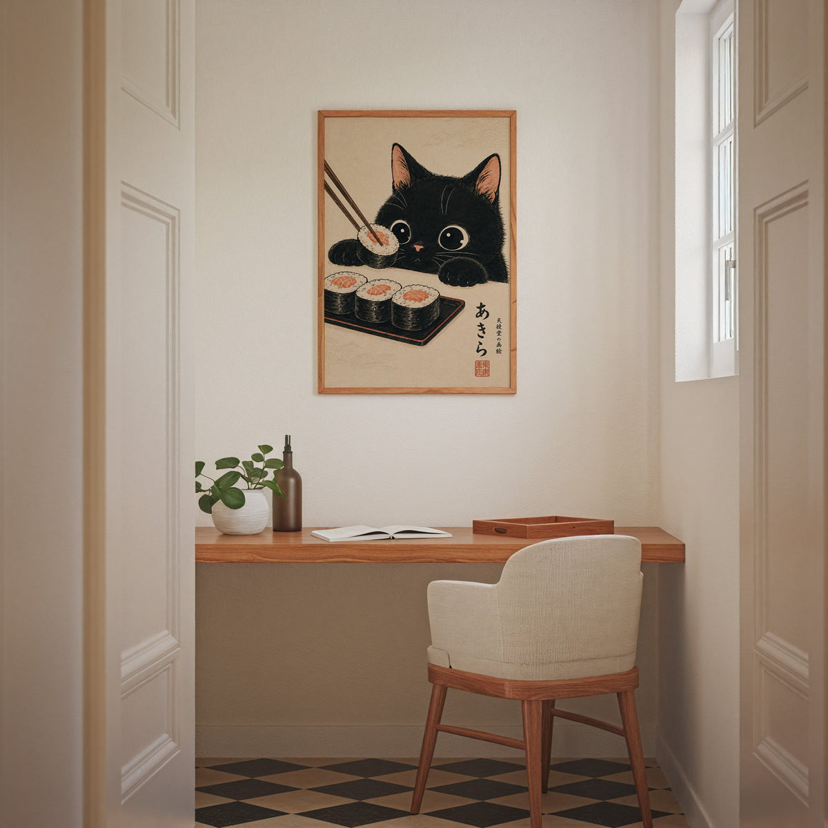 Black cat salmon sushi poster in an oak frame above a wall-mounted desk in a home office nook