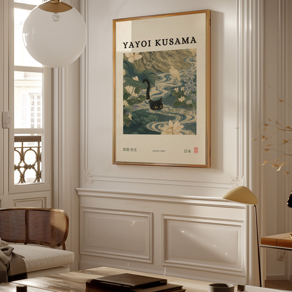 Black cat swimming lotus river poster shown in a gold frame on a paneled wall in a Parisian-style living room