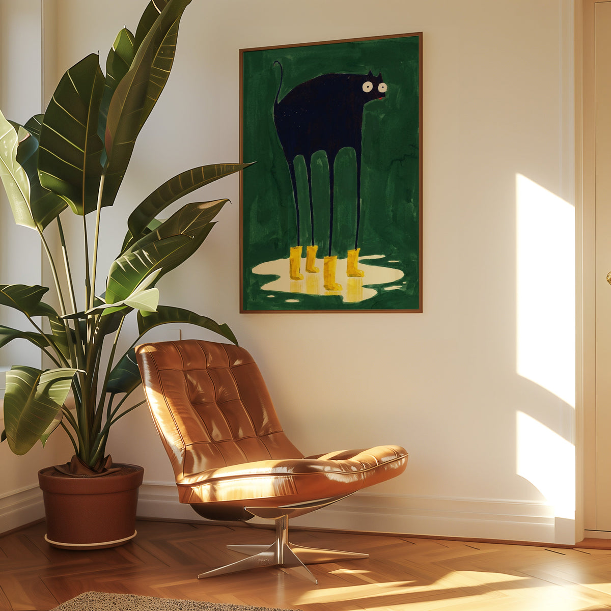 Funny cat in boots print in a slim walnut frame above a tan leather lounge chair