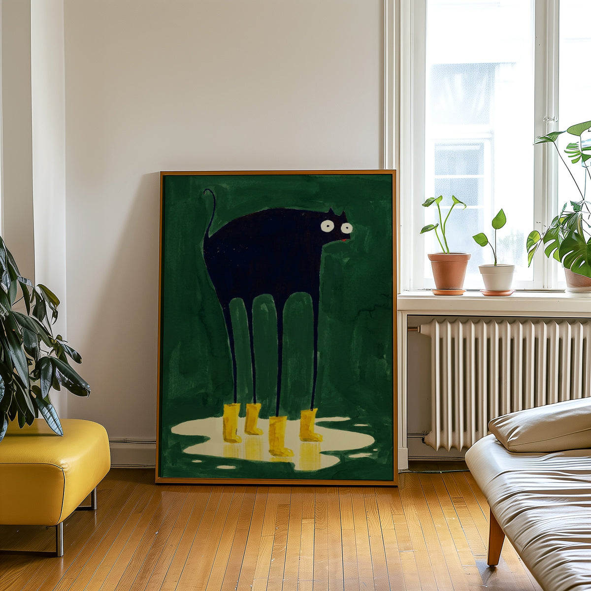Yellow boots cat print in an oak frame leaning beside a yellow leather bench