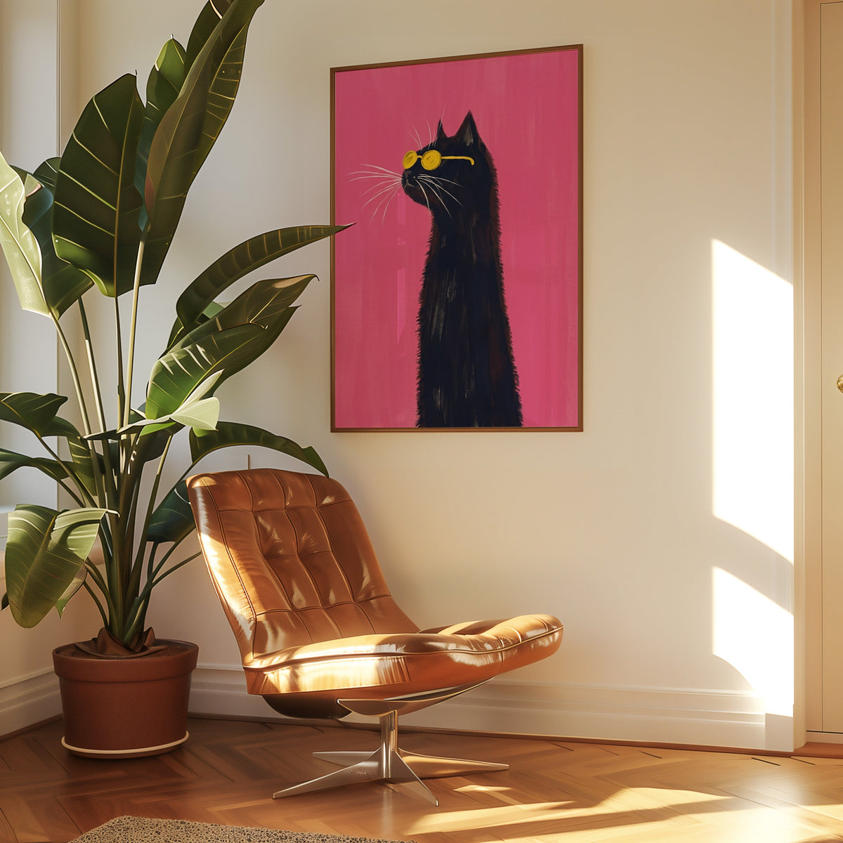 Cool cat on hot pink print in a slim walnut frame above a tan leather lounge chair