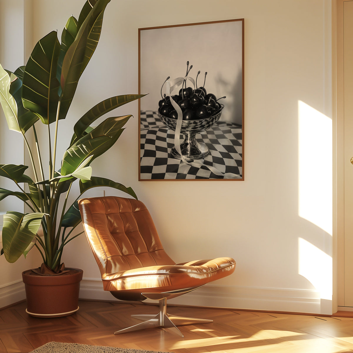 Black cherries in footed silver bowl print in a walnut frame above a leather lounge chair