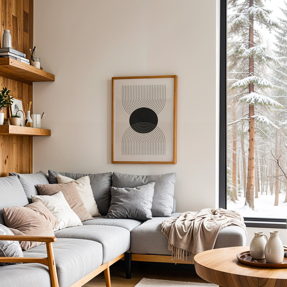 Black circle and mirrored line arches print in an oak frame above a grey sectional sofa by a snowy forest window